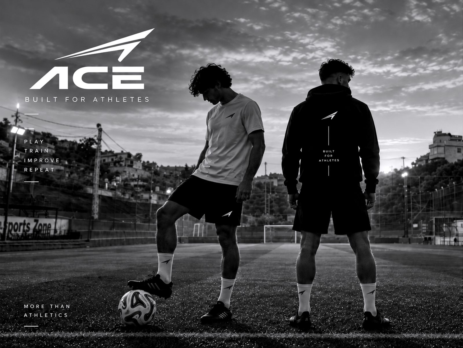Two footballers at sunset on a pitch wearing ACE tees, shorts, hoodie and socks, with the ACE logo and the line Built for athletes
